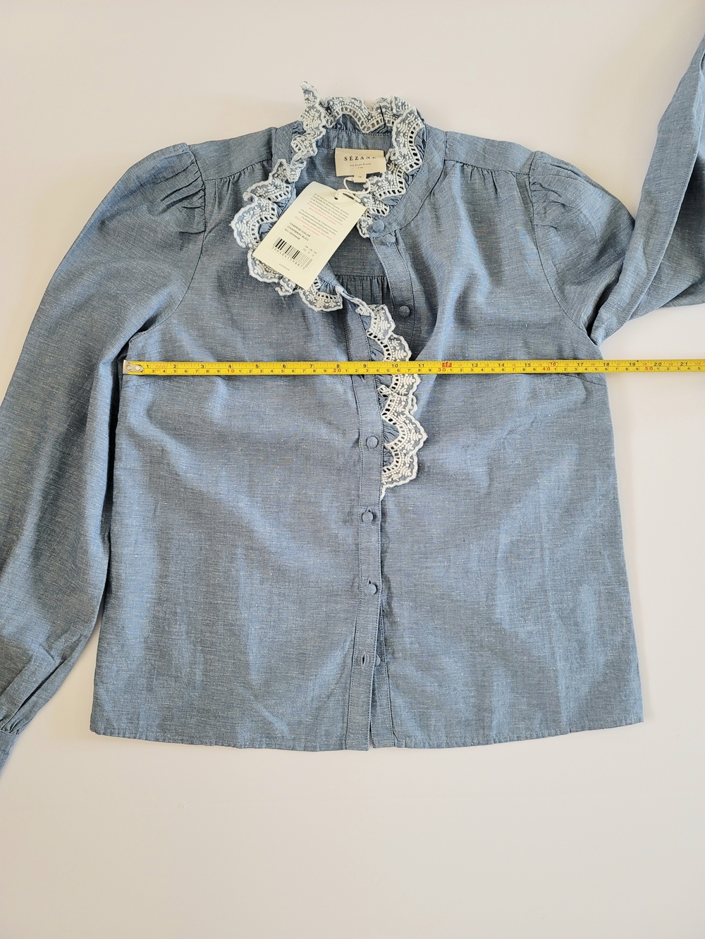 Sezane Chlo Shirt in Chambray Blue, Size 2, Embroidery Trim, French Romantic - Picture 7 of 11